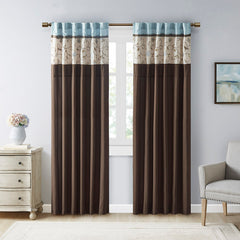 Embroidered Curtain Panel - Blue/ Brown