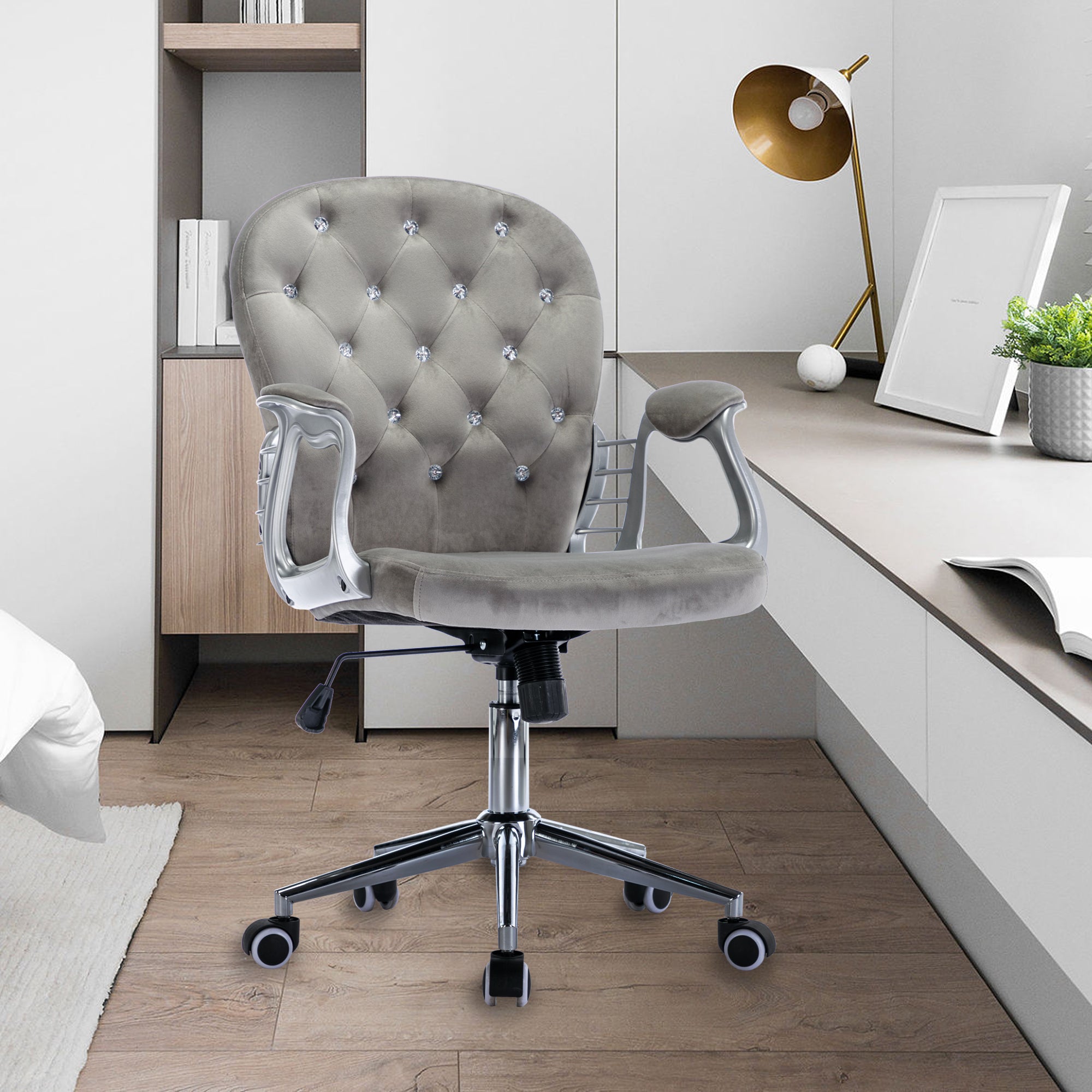 Velvet Home Office Chair with Wheels with Side Arms and Wheels 360° - Grey