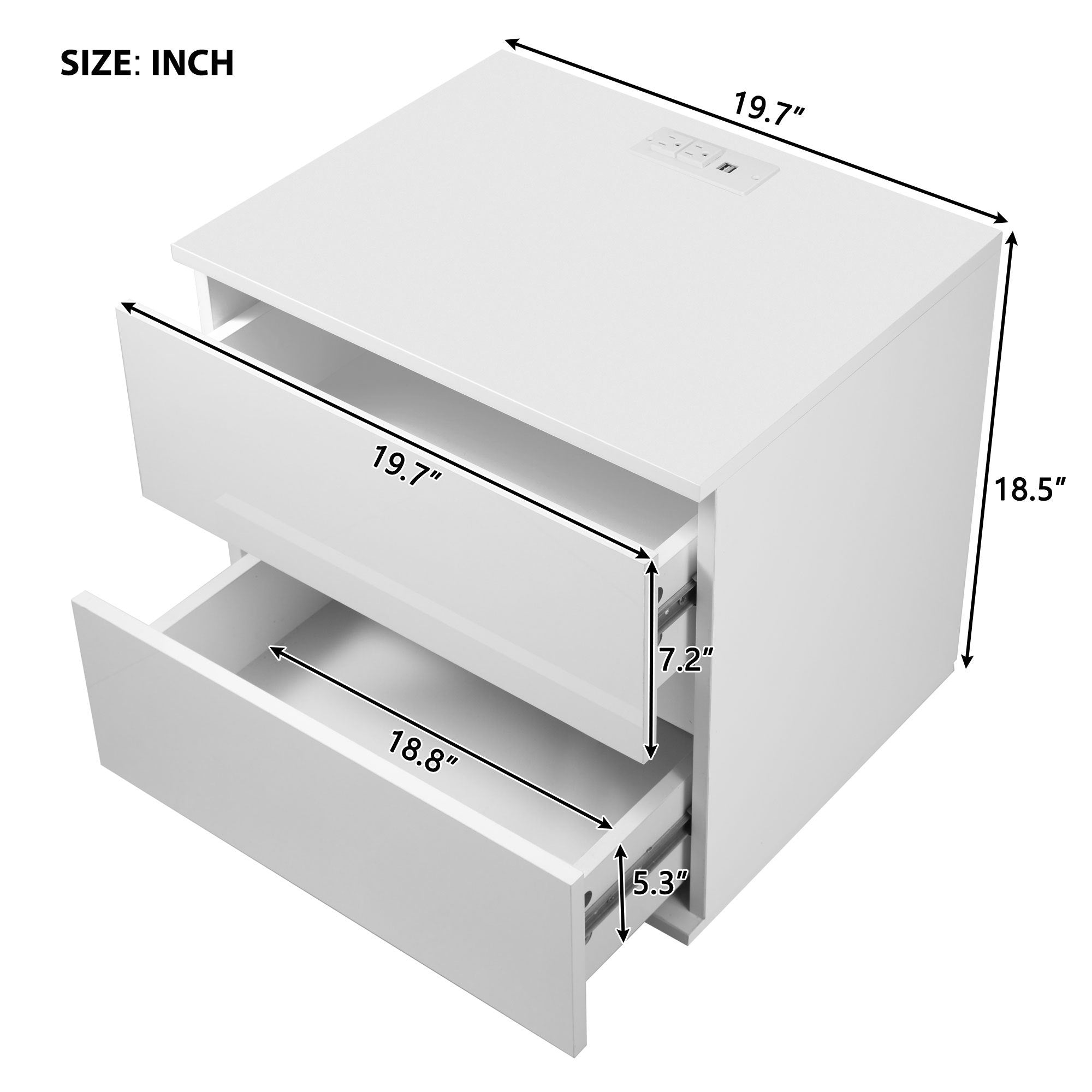 Nightstand with 2 Drawers, USB Charging Ports and Remote Control LED Light - White