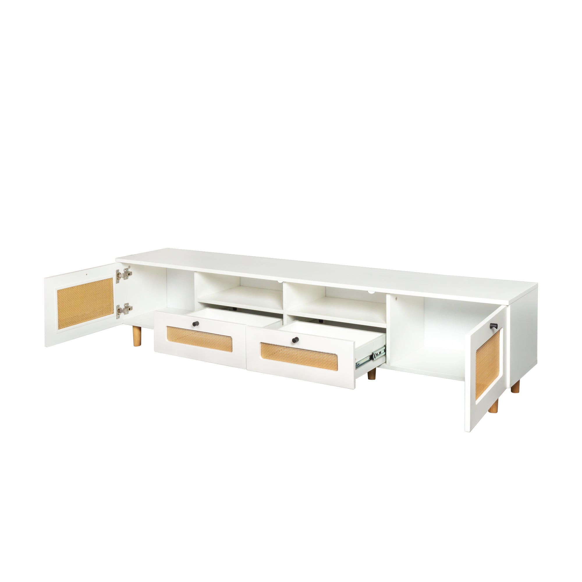 Farmhouse Rattan TV Stand Modern Wood with 2 Doors and 2 Open Shelves - White