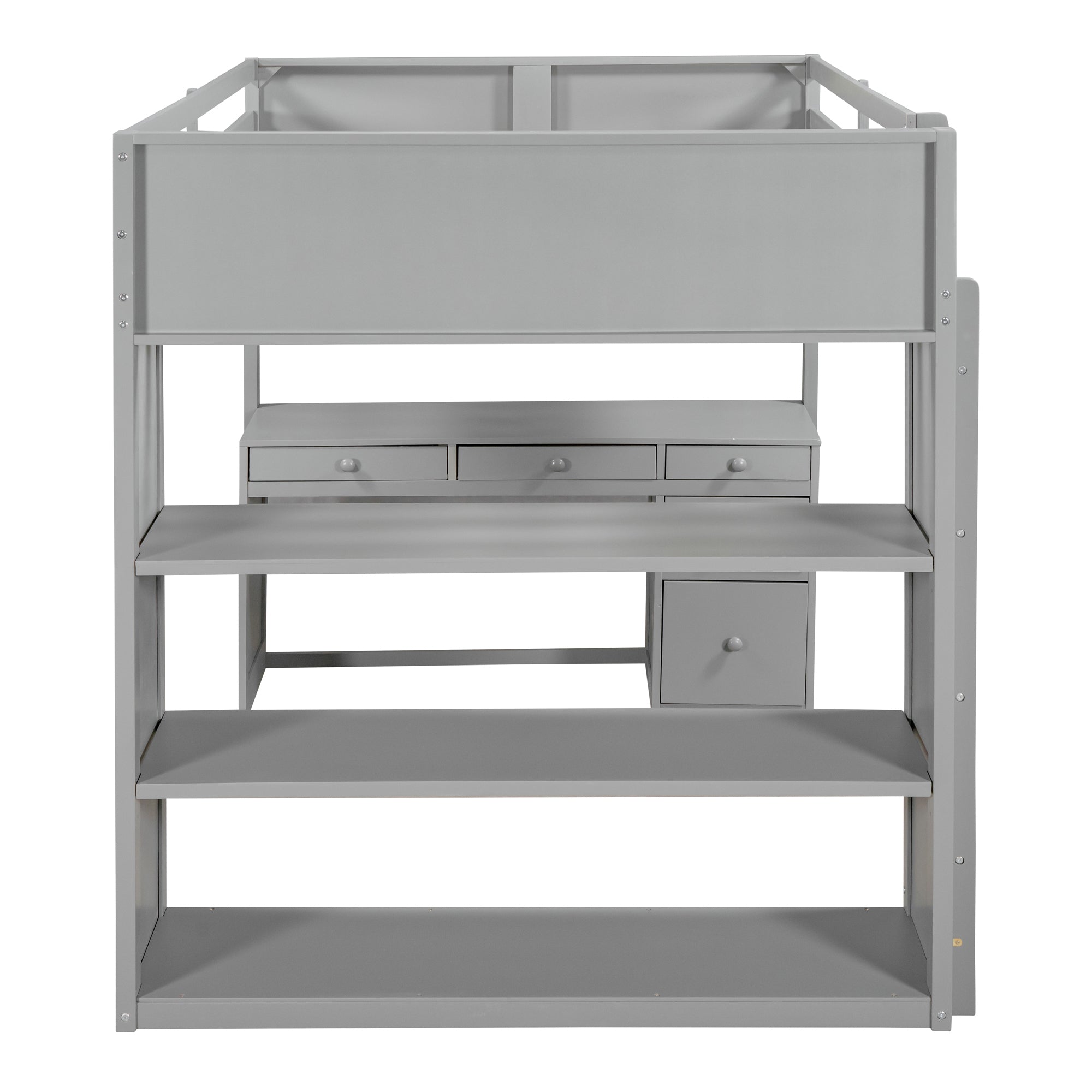 Full Size Loft Bed with Ladder, Shelves and Desk - Gray