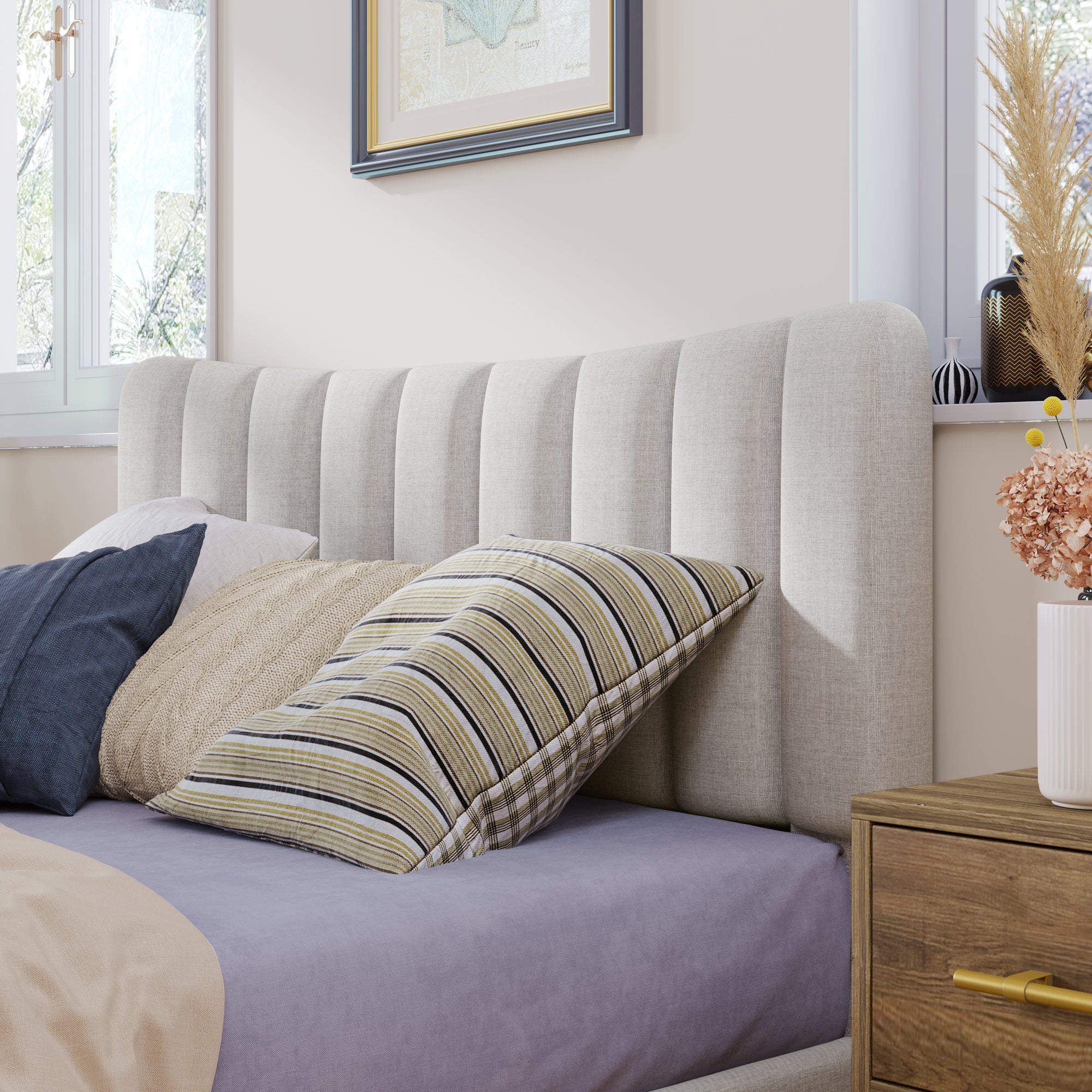 Full Bed - Upholstered Platform Bed Frame with Vertical Channel Tufted Headboard, No Box Spring Needed - Cream