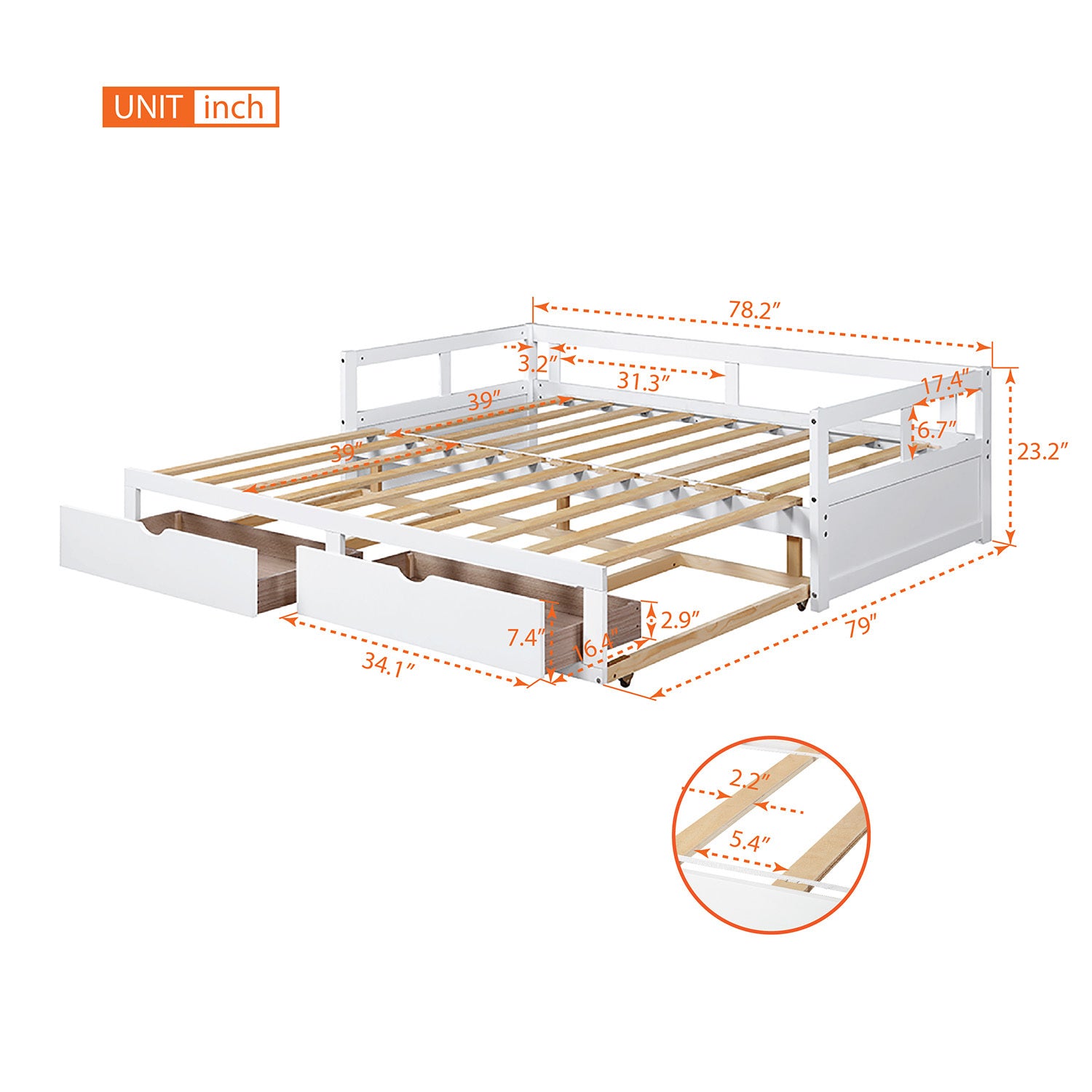 Extendable  Daybed with Trundle Bed and Two Storage Drawers - White