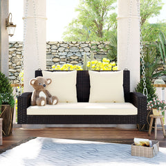 2-Person Wicker Hanging Porch Swing with Chains, Cushion, Pillow, Rattan Swing Bench for Garden, Backyard, Pond (Brown Wicker, Beige Cushion)