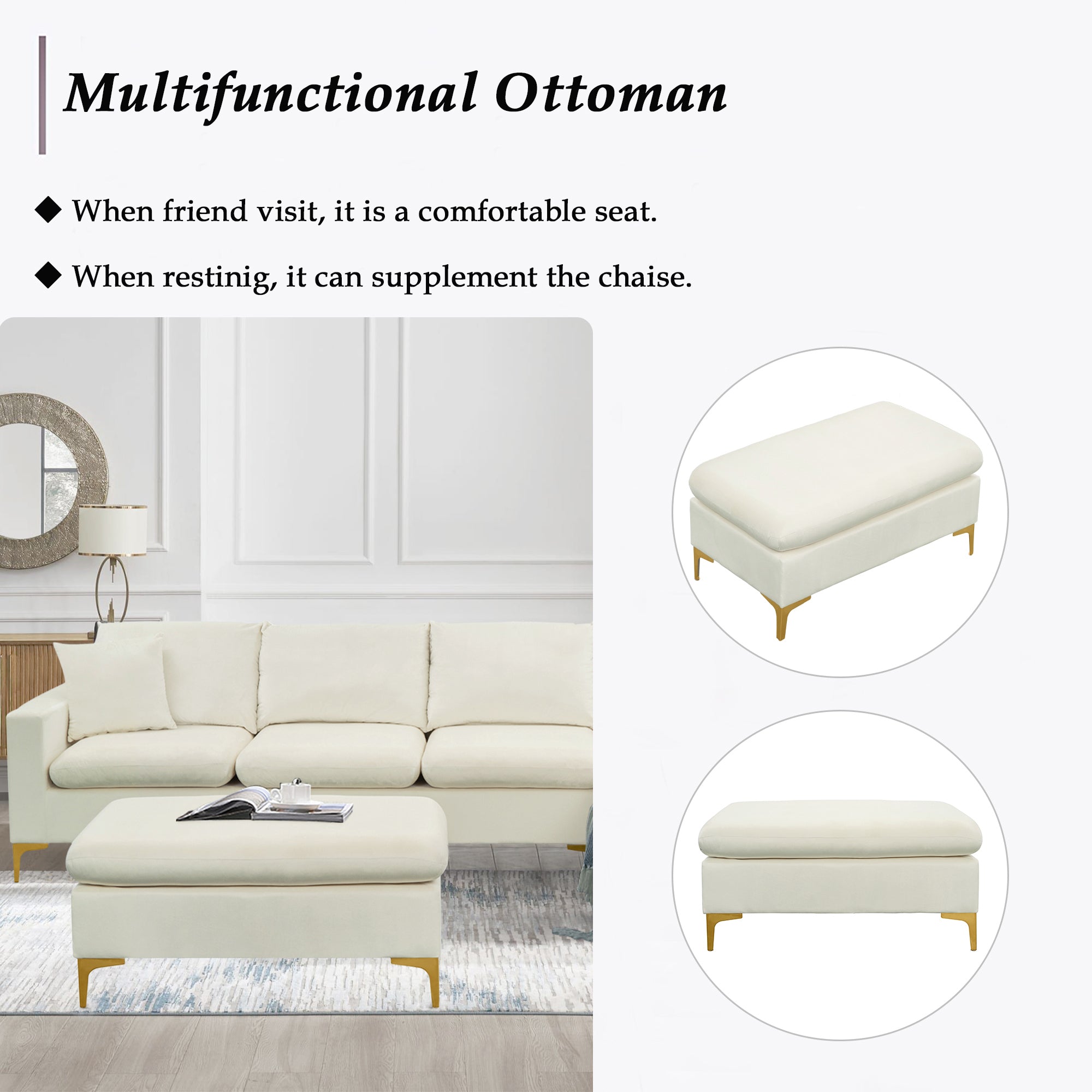 Sectional Sofa Bed Couches Chaise Ottoman Pillows, Cream White