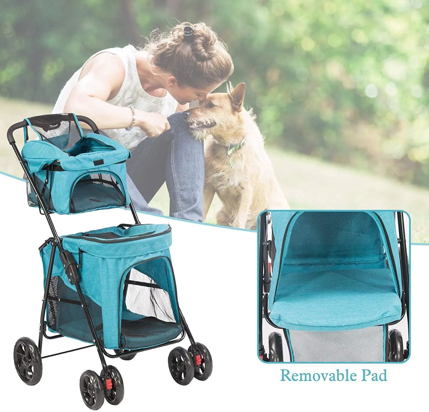 Portable Folding Dog Stroller Travel Cage Stroller for Pet Cat Kitten Puppy Carriages - Large 4 Wheels Elite Jogger - Blue