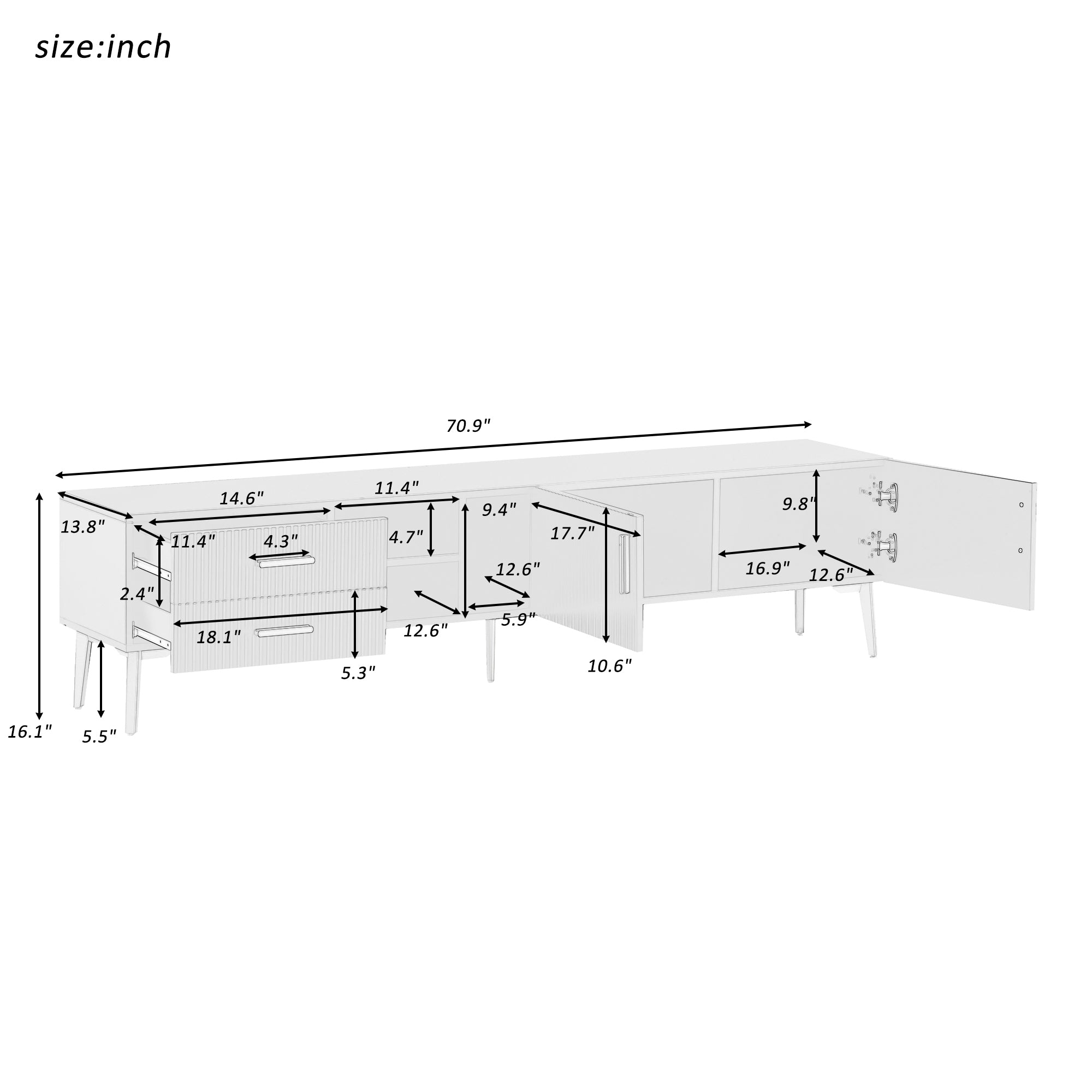 Modern TV Stand with 5 Champagne legs for TVS up to 77" - Black