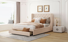 Queen Size Storage Bed Velvet Upholstered Platform Bed - Beige