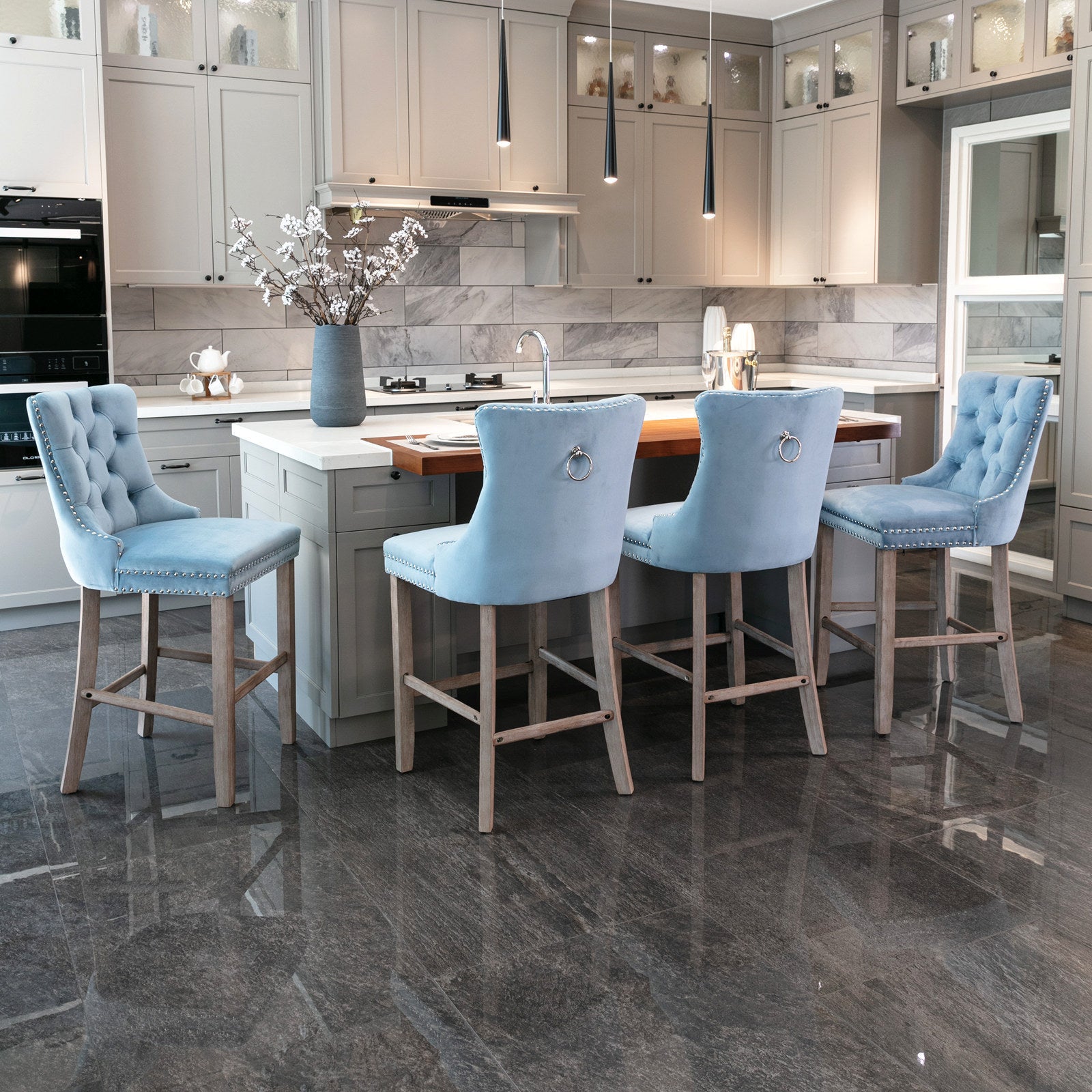 Contemporary Velvet Upholstered Barstools with Button Tufted Decoration and Wooden Legs, and Chrome Nailhead Trim, Bar stools (Set of 2) - Light Blue