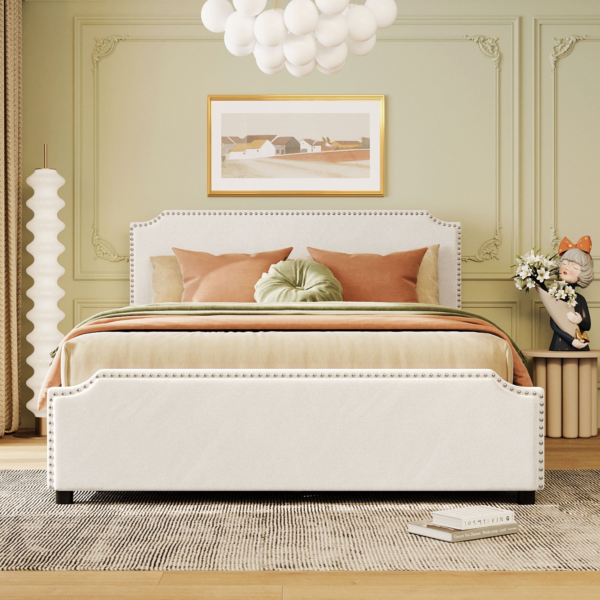 Queen Size Upholstered Platform Bed with Stud Trim Headboard and Footboard and 4 Drawers No Box Spring Needed, Velvet Fabric - Beige
