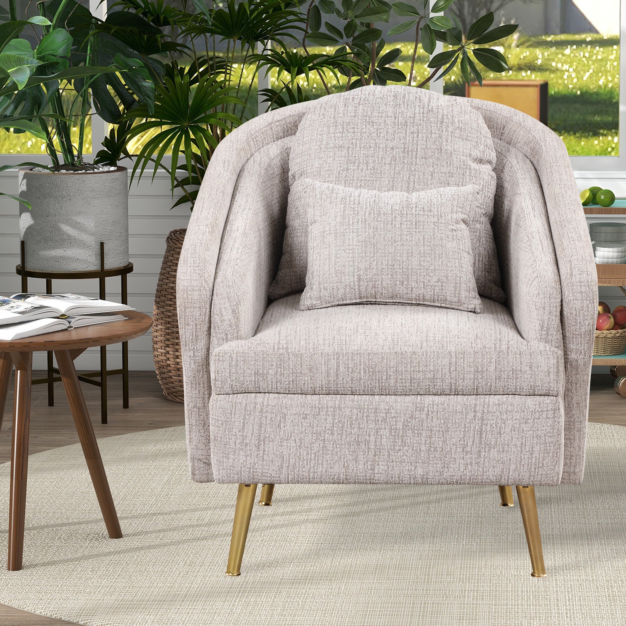 Mid-Century Accent Chair Arm Chair with Lumbar Pillow and Metal Legs - Light Grey