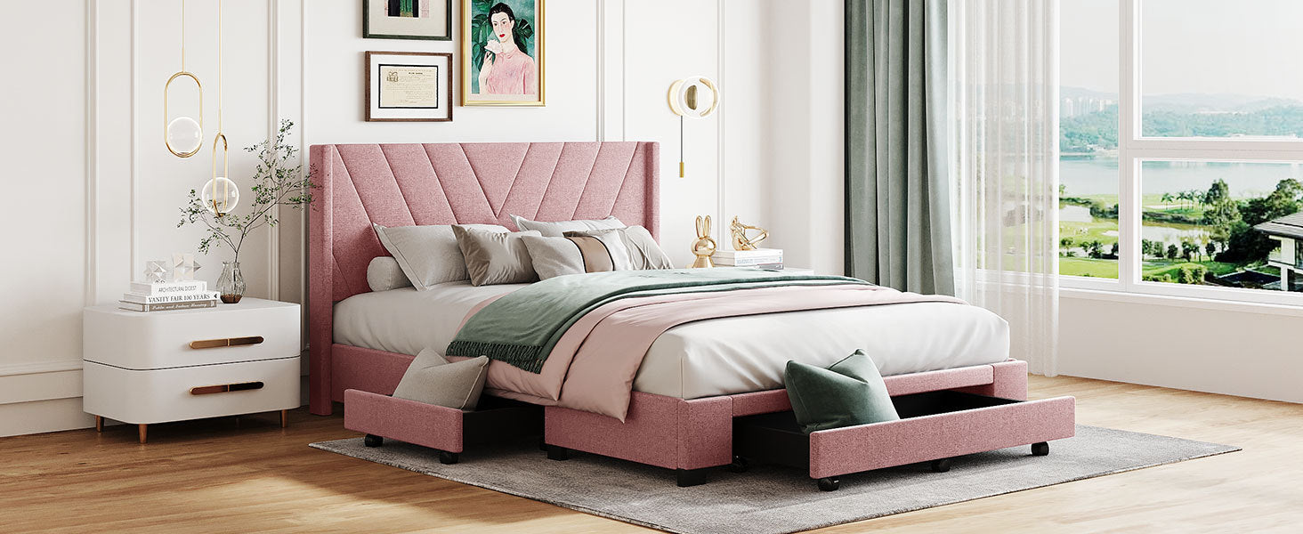 Queen Size Storage Bed Linen Upholstered Platform Bed with 3 Drawers - Pink