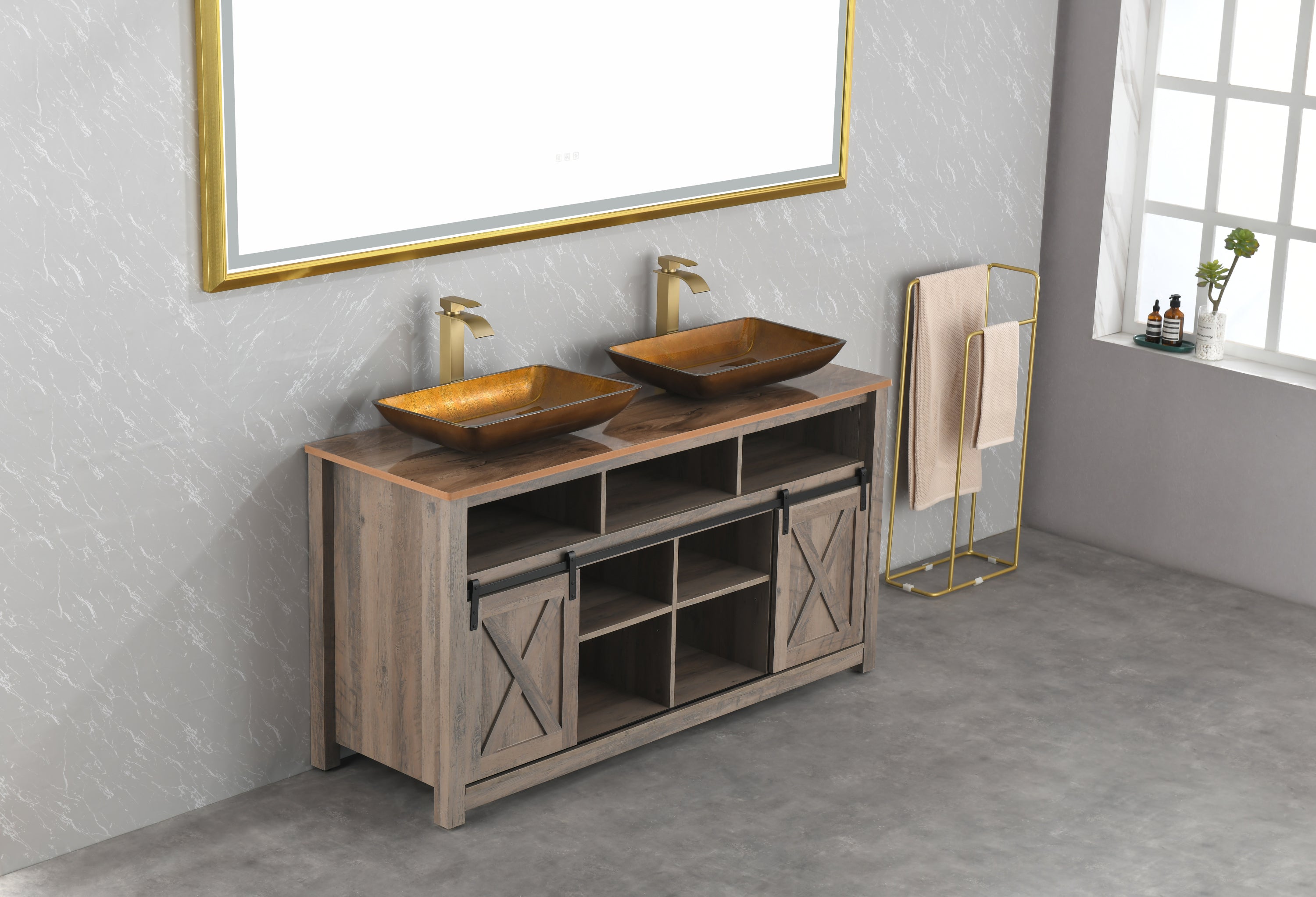 22.25" L -14.25" W -4 1/2" H Glass Rectangular Vessel Bathroom Sink Set with Gold Faucet and Gold Pop Up Drain