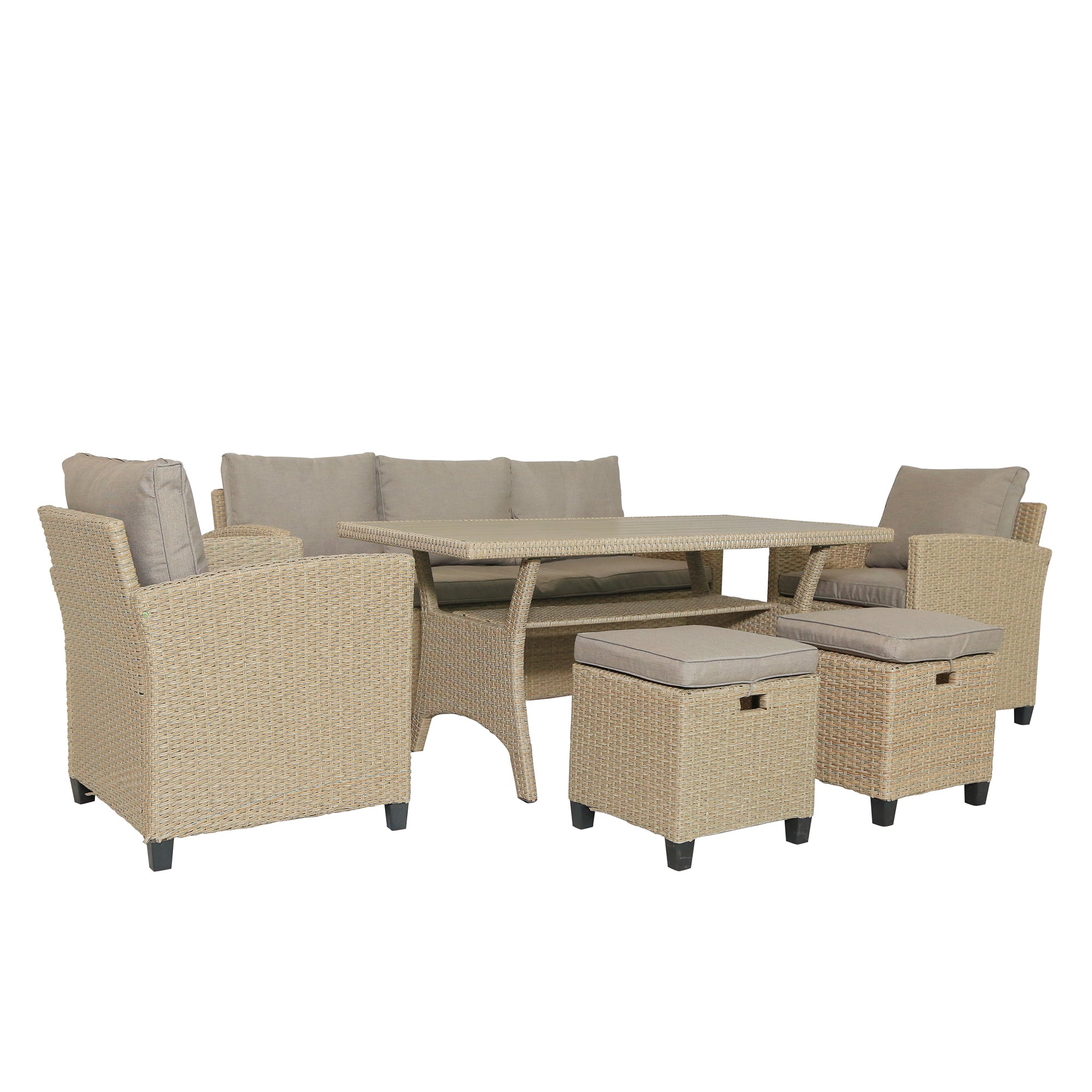 6 Piece Outdoor Rattan Wicker Set Patio Garden Backyard Sofa, Chair, Stools and Table - Brown