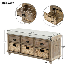 Rustic Storage Bench with 3 Drawers and 3 Rattan Baskets- White Washed
