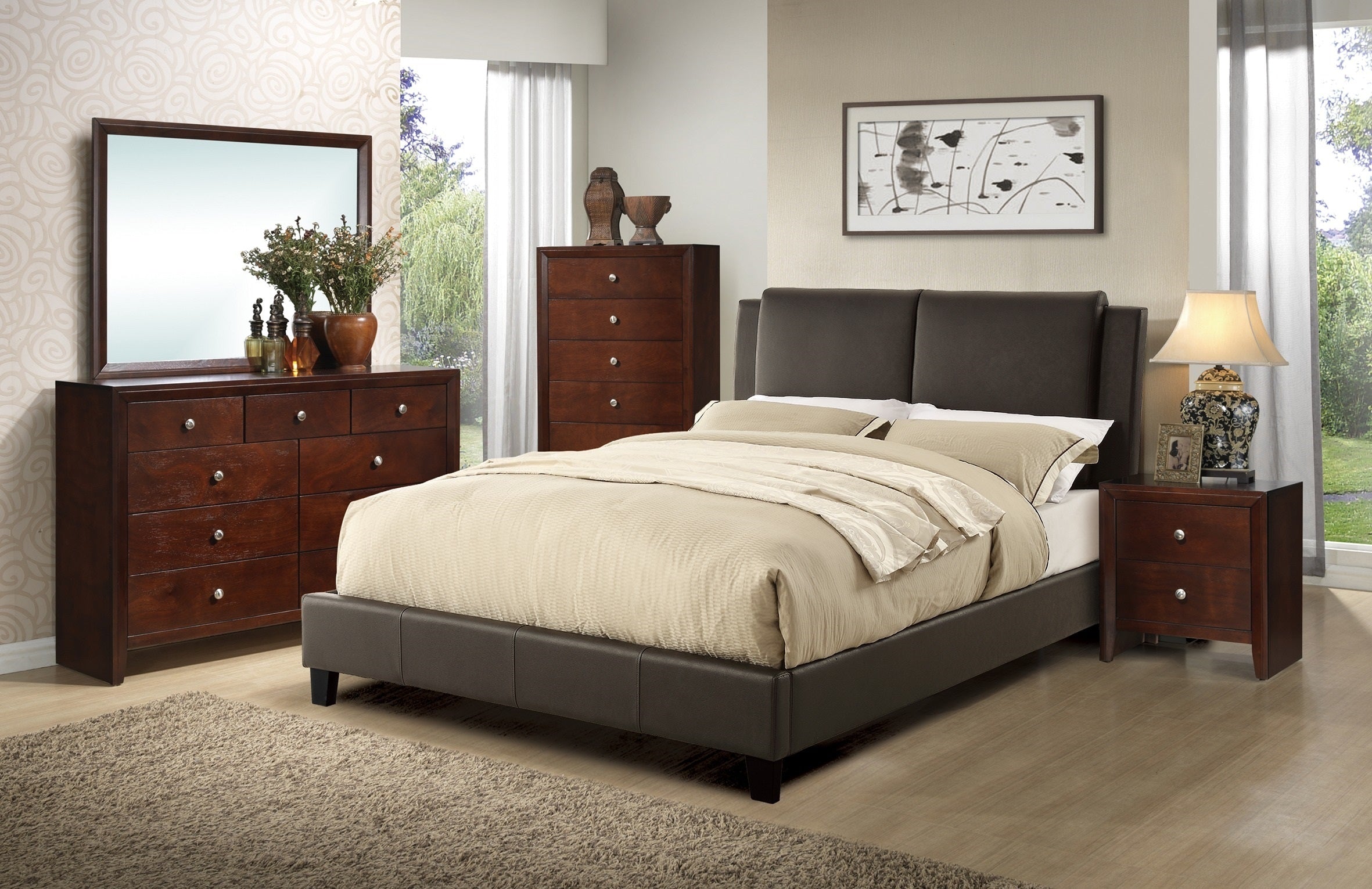 California King Size Bed 1pc  Bed Set Brown Faux Leather Upholstered Two-Panel Bed Frame Headboard Bedroom Furniture - Brown