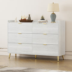 55" Long 6 Drawer Dresser with Marbling Worktop, Mordern Storage Cabinet with Metal Leg and Handle - White