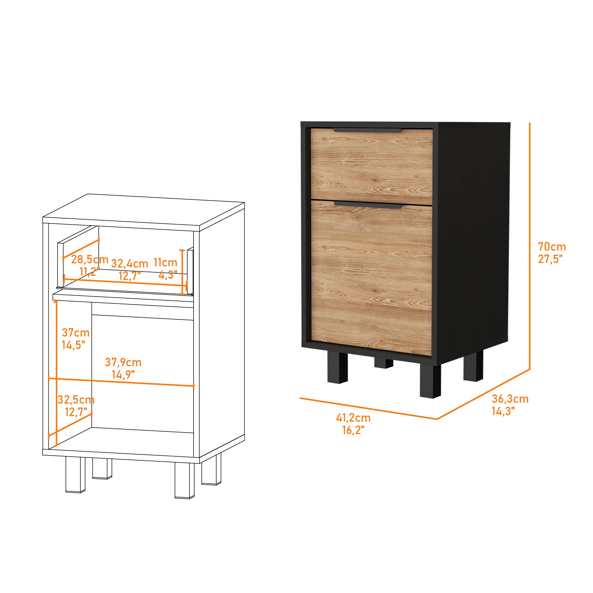 Black Wengue and Pine 1-Drawer Nightstand