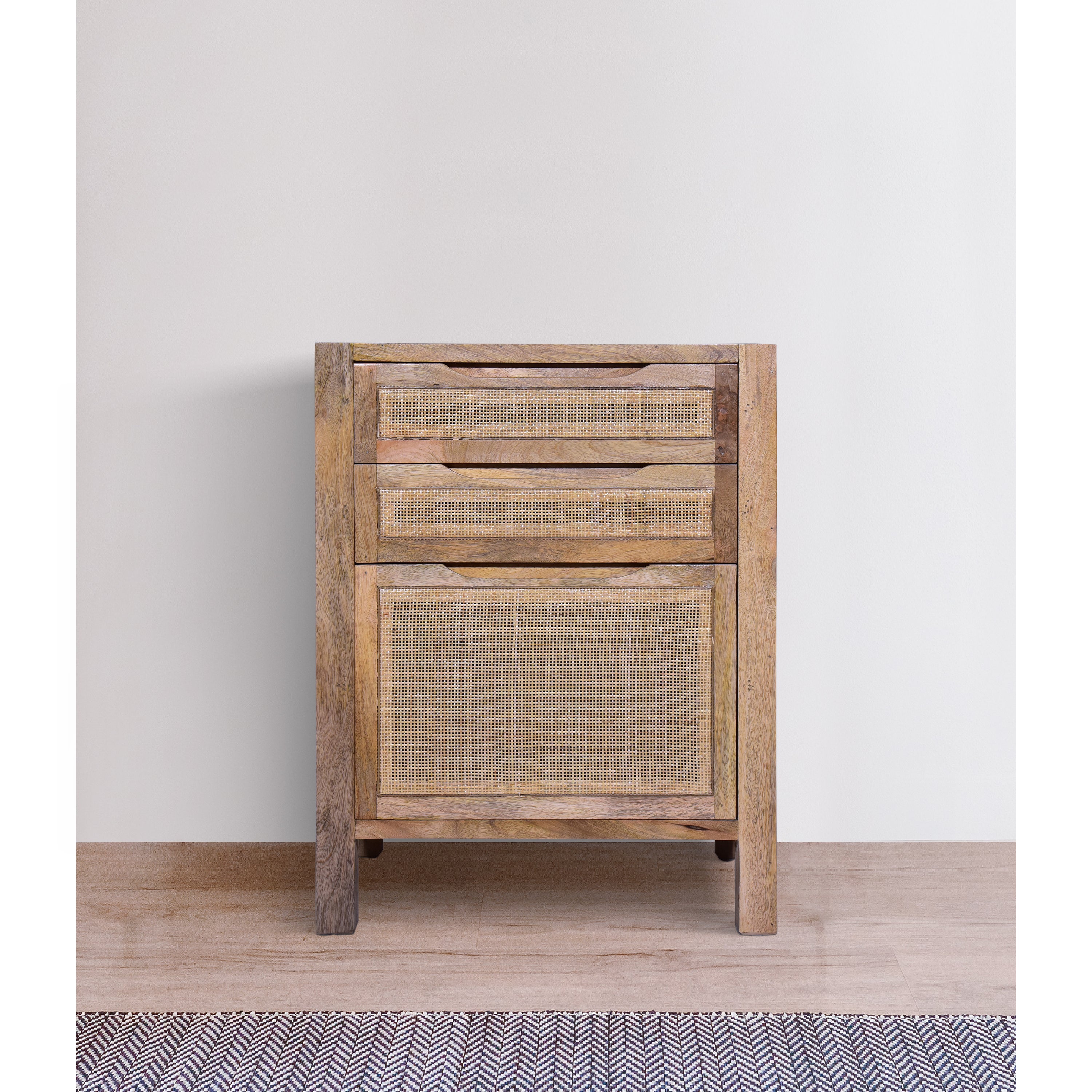 31 Inch Cottage Mango Wood Storage Cabinet Table, Cane Rattan Panels, 3 Drawers - Natural Brown