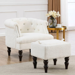 Modern Chesterfield Tufted Accent Chair with Crystal Buttons with Solid Wood Legs, Tufted Chair for Reading or Lounging - White Teddy