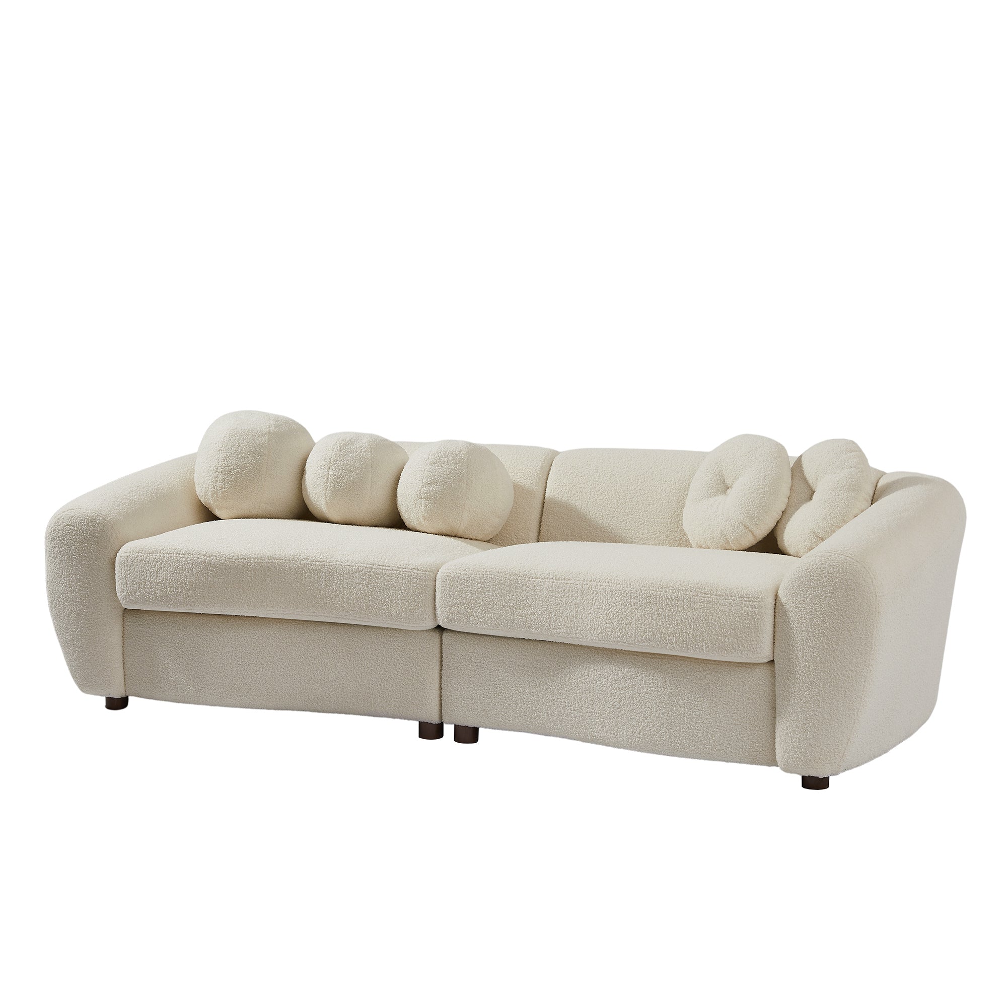 87.7" Modern Curved Sofa, Back Upholstered Couch with 5 Decorative Throw Pillows - Teddy Beige