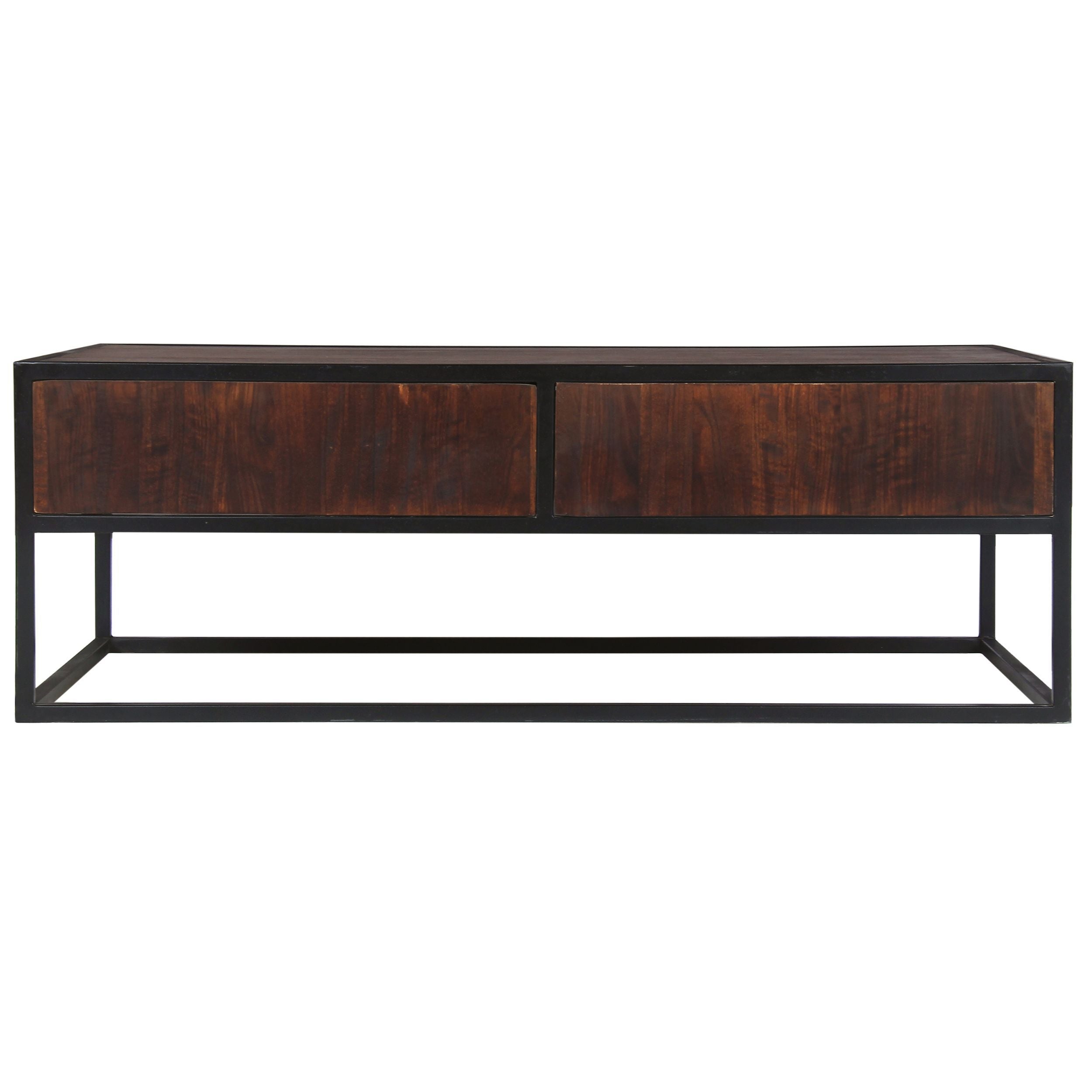 45 Inch Carson Rectangular Mango Wood Coffee Table with Metal Frame and 2 Drawers - Brown and Black