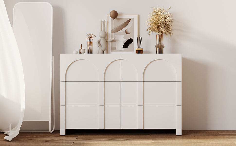Modern Style Six-Drawer Dresser Sideboard Cabinet Ample Storage Spaces - Half Gloss White
