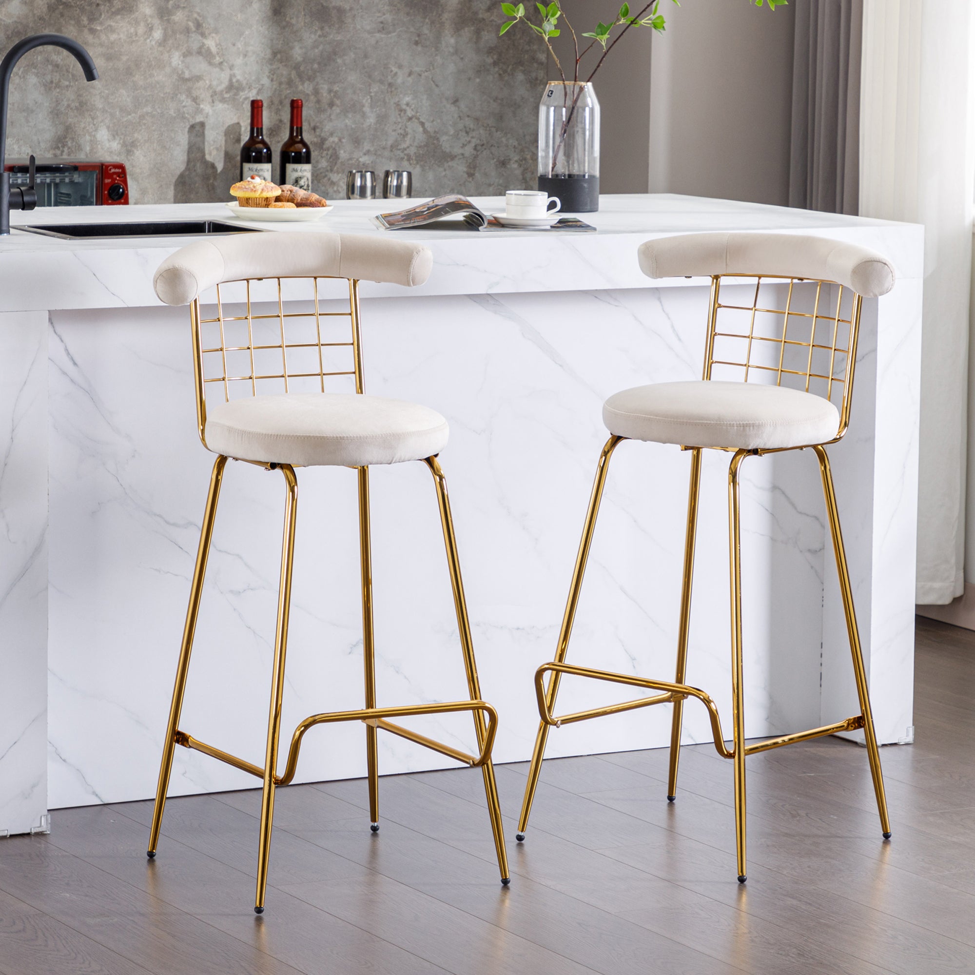 Luxury Velvet High Bar Stool with Metal Legs and Soft Back with Metal Legs (Set of 2) -Beige