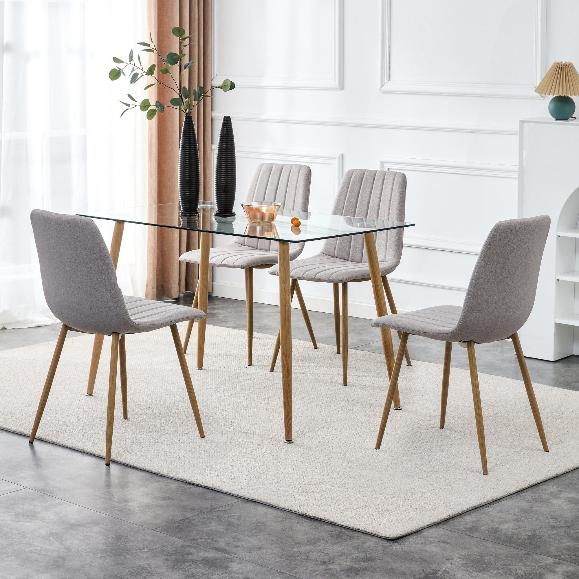 Modern Minimalist Rectangular Glass Dining Table for 4-6 with 0.31" Tempered Glass Tabletop and Wood color Coating Metal Legs - Transparent