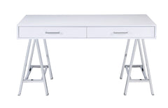 Contemporary Built-in USB Port Writing Desk - White High Gloss & Chrome Finish