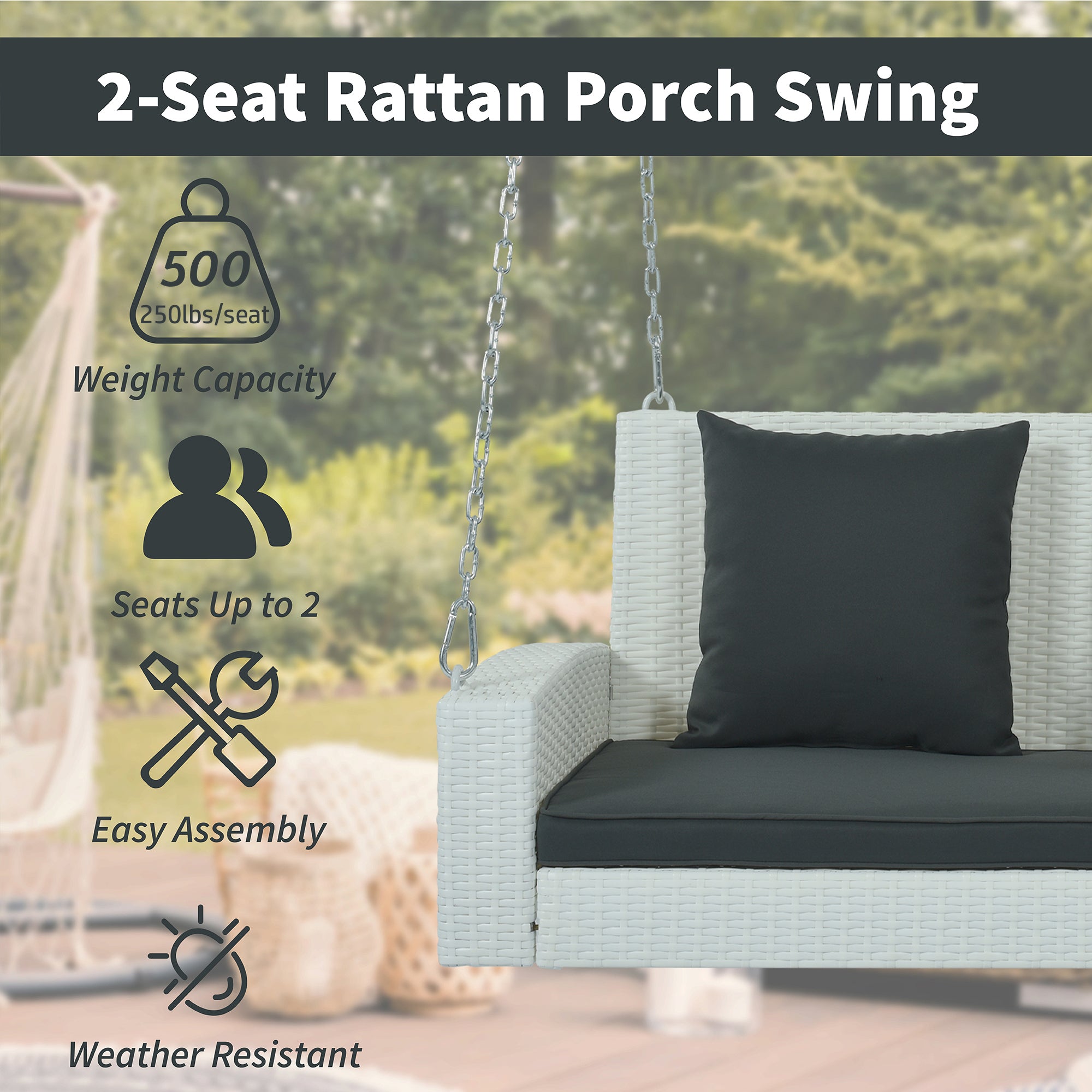 2-Person Wicker Hanging Porch Swing with Chains, Cushion, Pillow, Rattan Swing Bench for Garden, Backyard, Pond. (White Wicker, Gray Cushion)