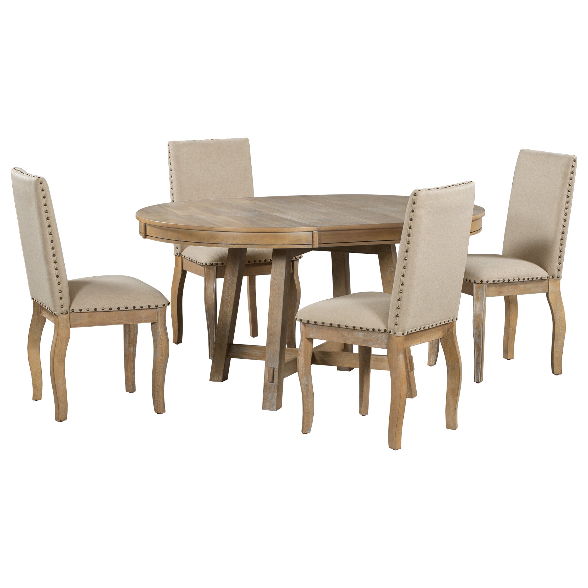 5-Piece Farmhouse Dining Table Set Wood Round Extendable Table and 4 Upholstered Chairs - Natural Wood Wash