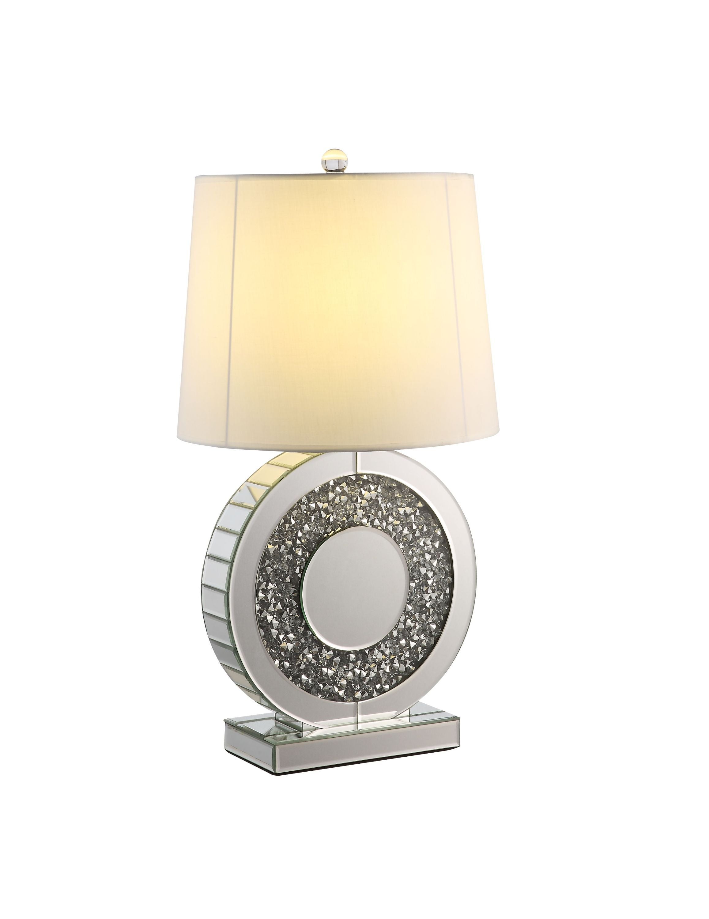 Silver Round Table Lamp, Mirrored & Faux Diamonds
