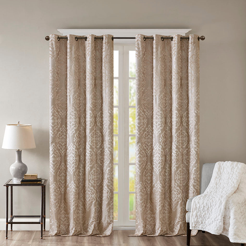 2-PK 50x84" Knitted Jacquard Damask Total Blackout Grommet Top Curtain Panel Pair - Champagne