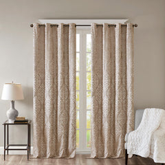 2-PK 50x84" Knitted Jacquard Damask Total Blackout Grommet Top Curtain Panel Pair - Champagne
