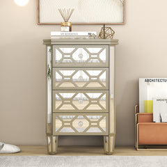 Elegant Mirrored 4-Drawer Chest with Golden Lines Storage Cabinet