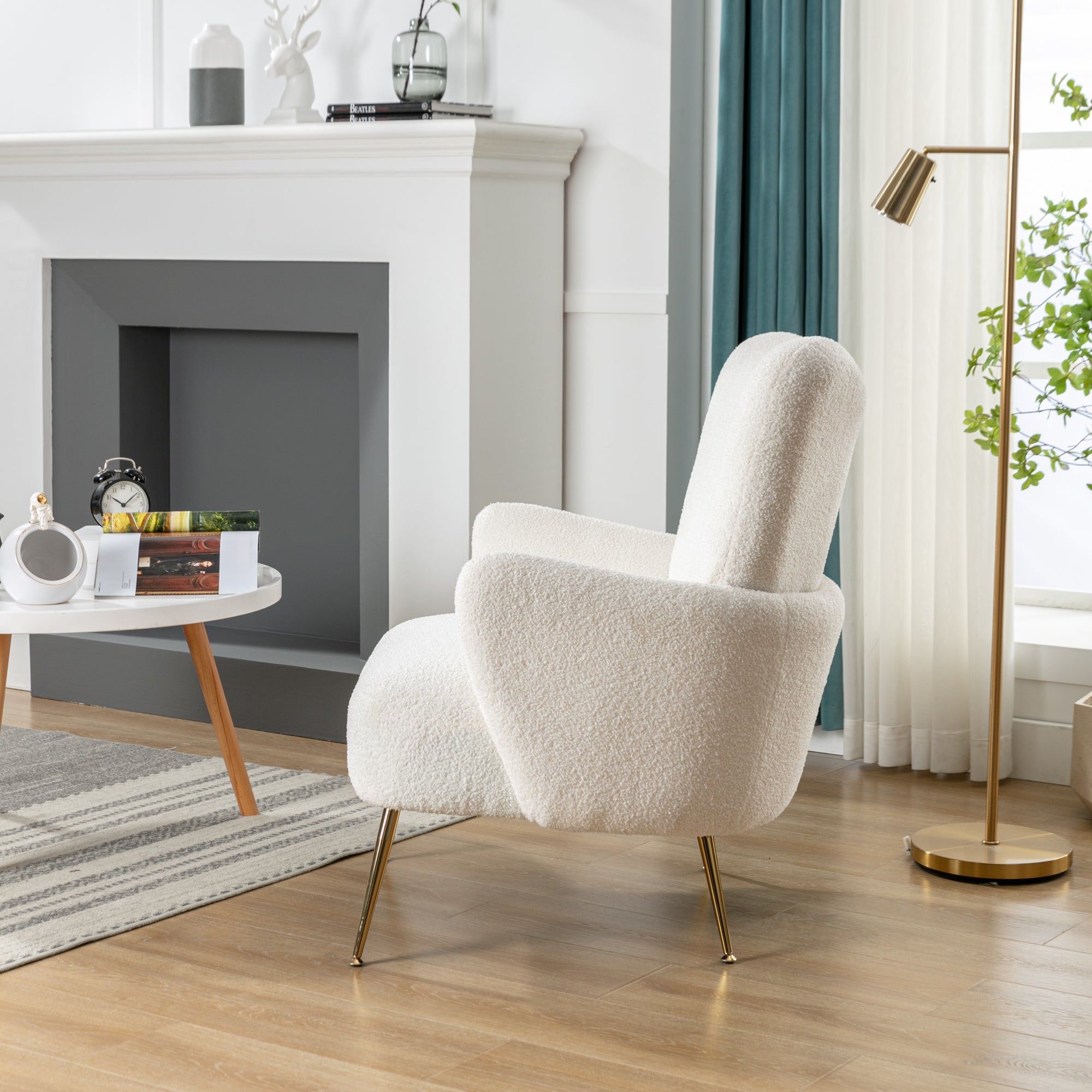 Modern Teddy Short Plush Particle Armchair, Accent Chair with Golden Metal Legs and High Back - White