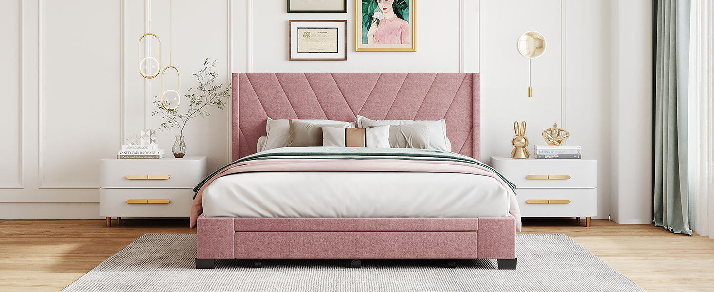Queen Size Storage Bed Linen Upholstered Platform Bed with 3 Drawers - Pink