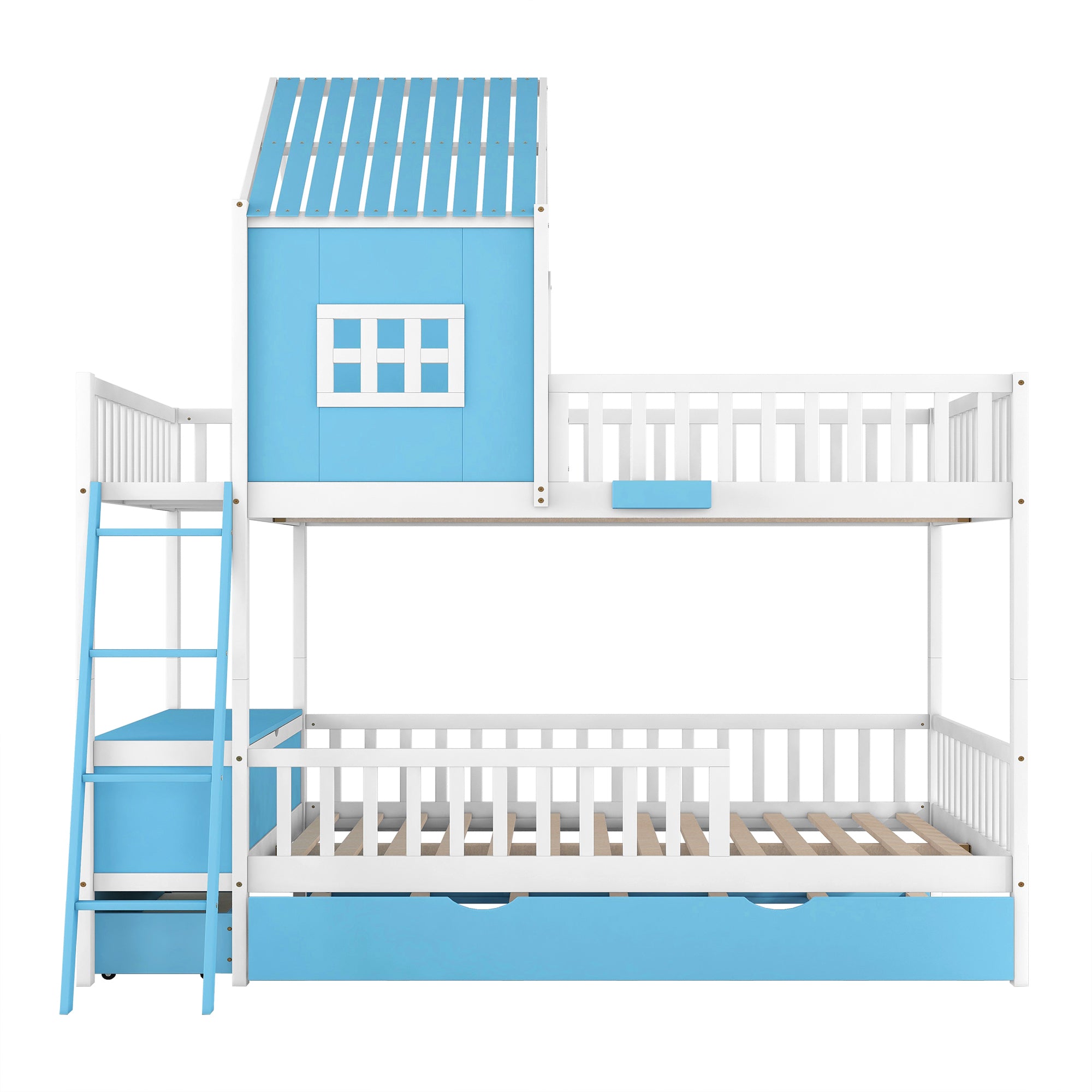 Farmhouse Full over Full Bunk Bed with Twin Size Trundle - Blue