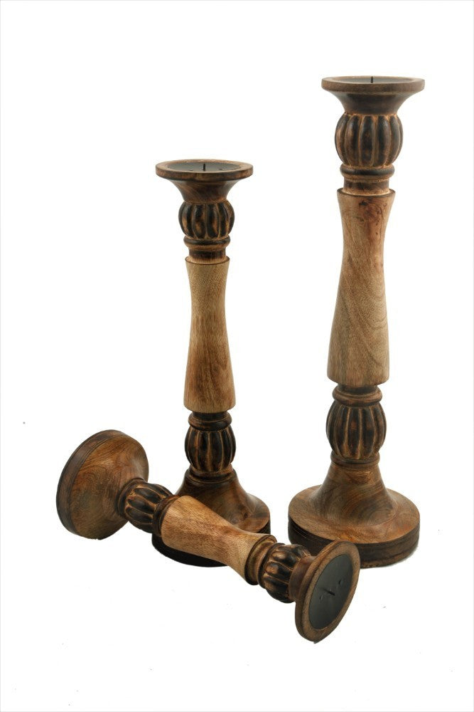 Benzara Mango Wood Vintage Style Candleholder/Candlestick (Set of 3) - Brown