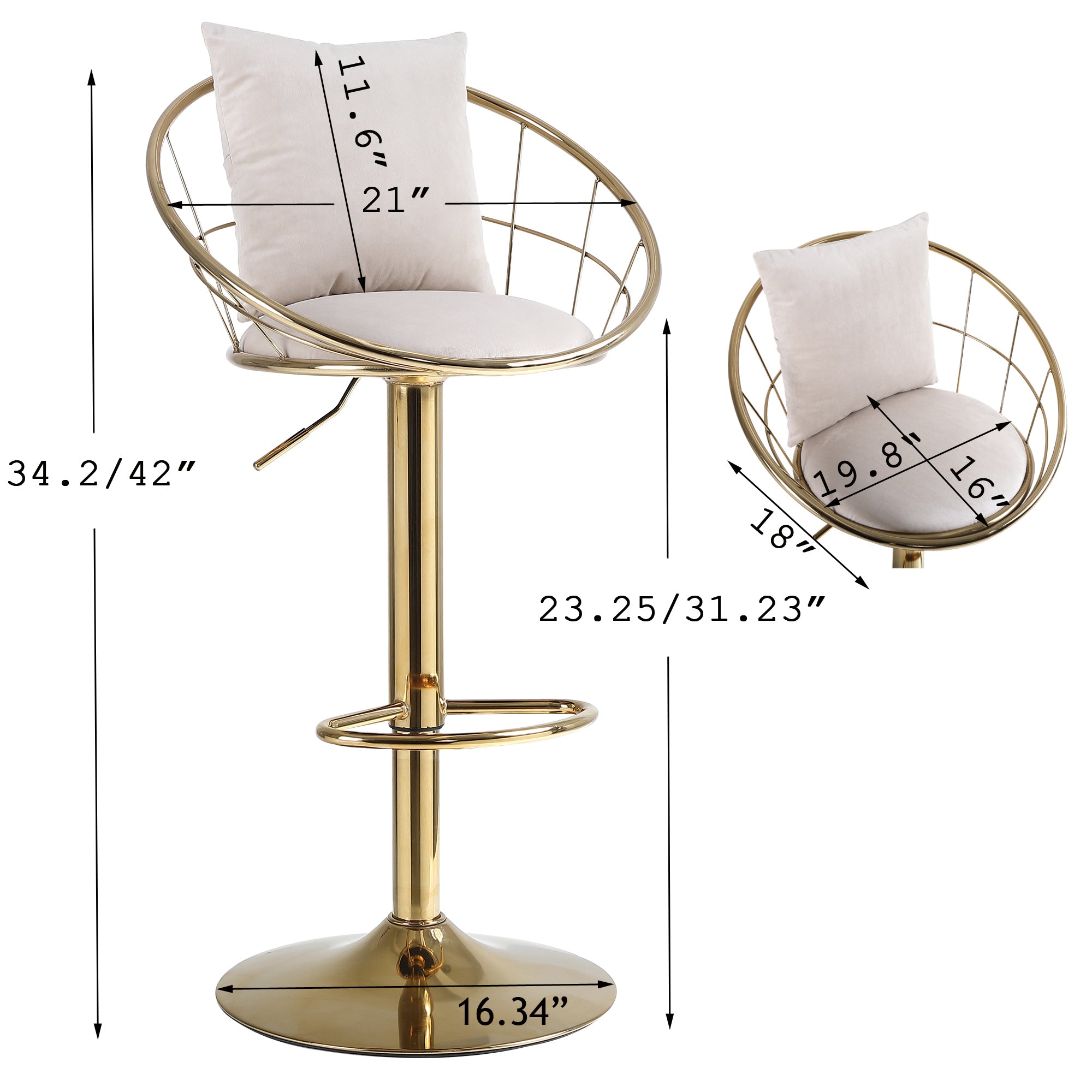 Bar Chair Pure Gold Plated Adjustable Height (Set of 2) - Off-White Velvet
