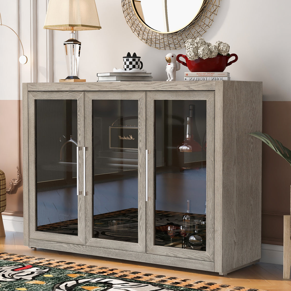 Wood Storage Cabinet with Three Tempered Glass Doors and Adjustable Shelf (Grey)