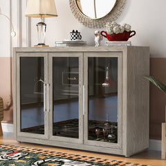 Wood Storage Cabinet with Three Tempered Glass Doors and Adjustable Shelf (Grey)