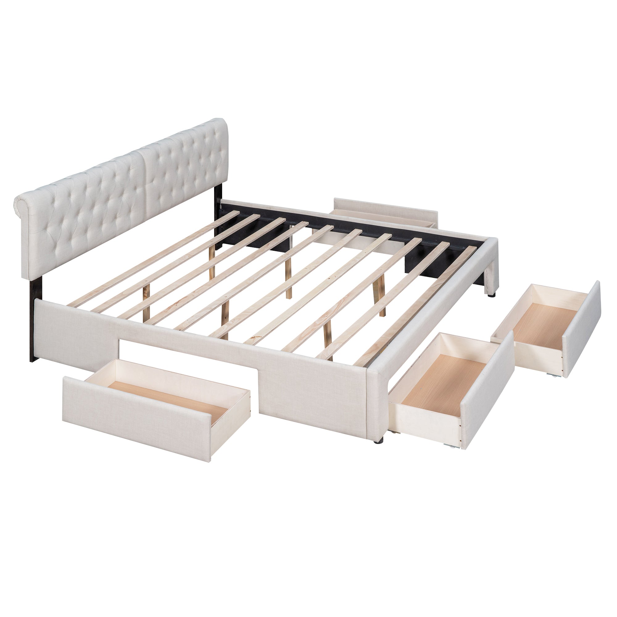 King Size Upholstery Platform Bed with Four Drawers - Beige