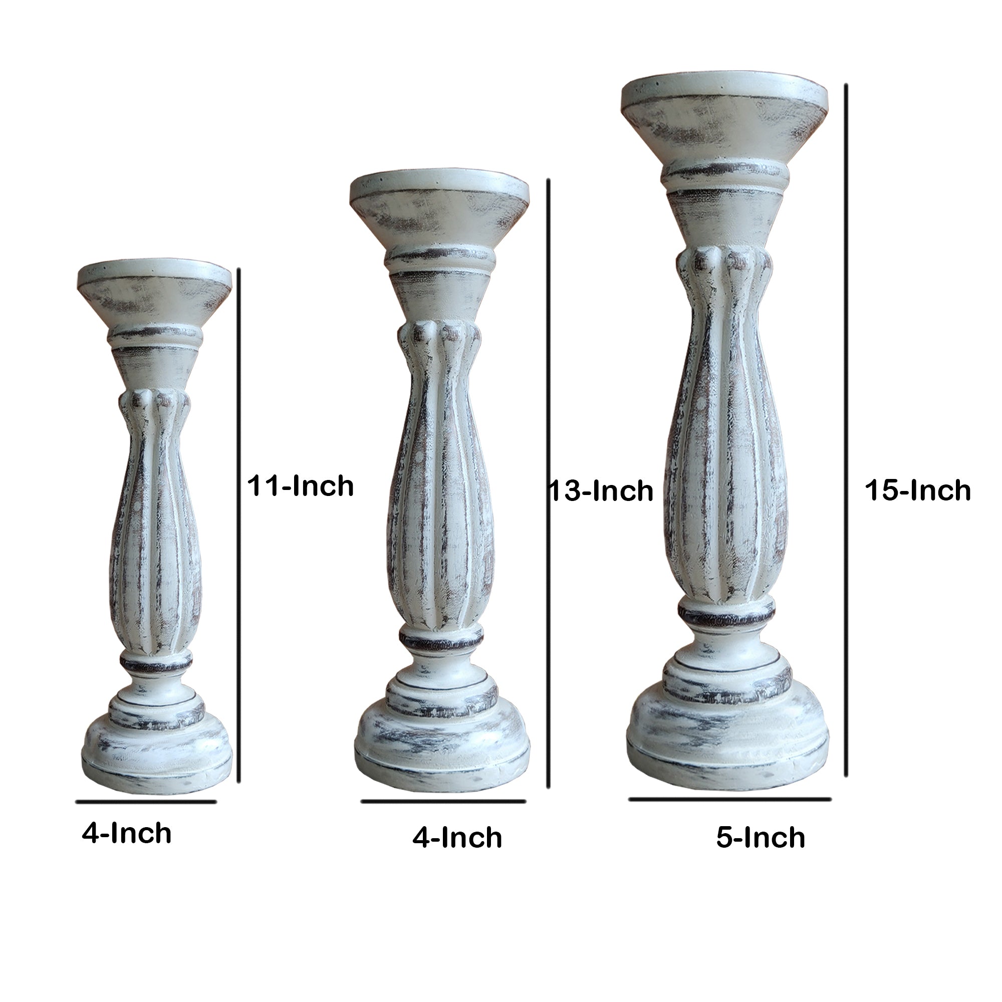 Handmade Wooden Candle Holder with Pillar Base Support - Distressed White (Set of 3)