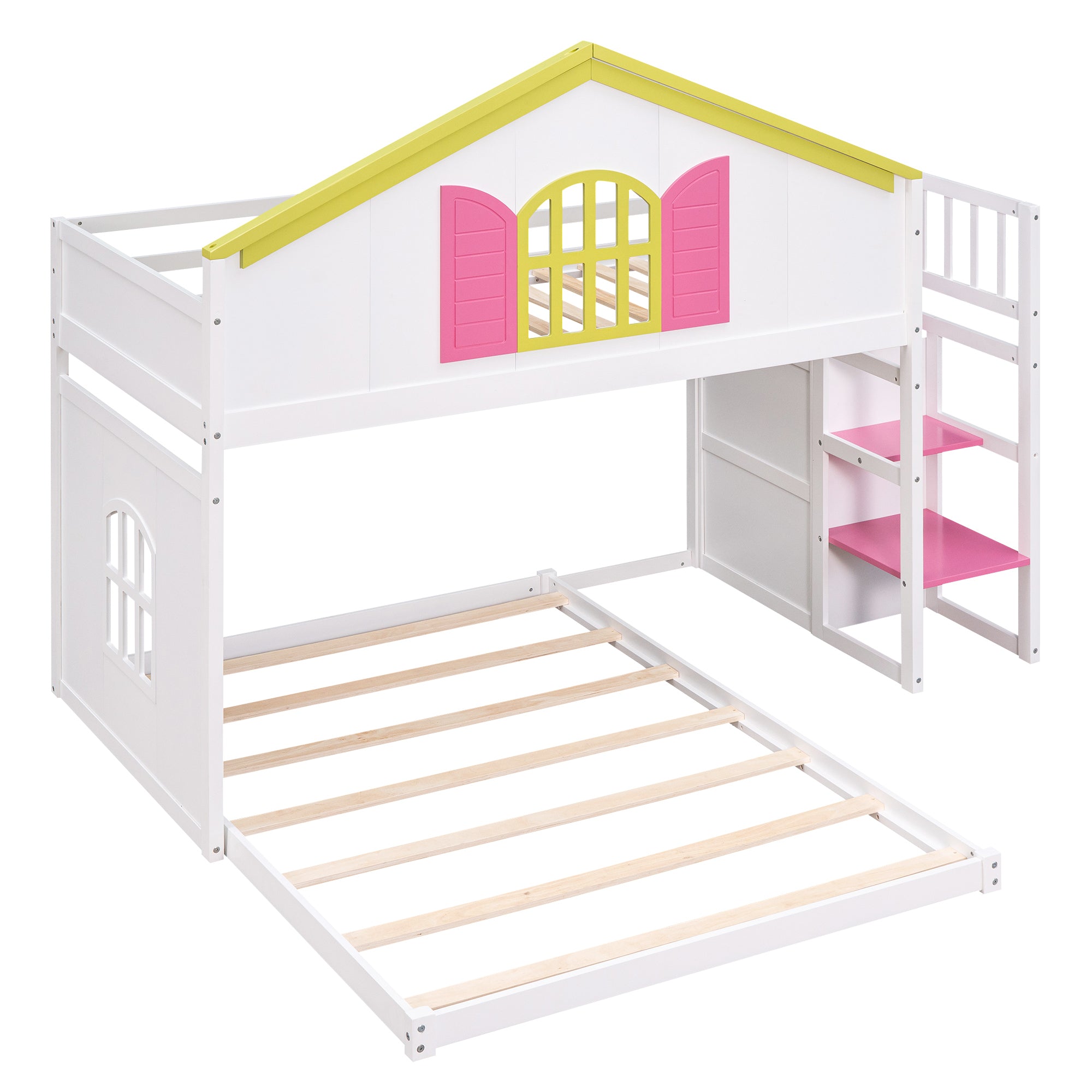 Twin over Full House Bunk Bed with Pink Staircase & Drawer - White