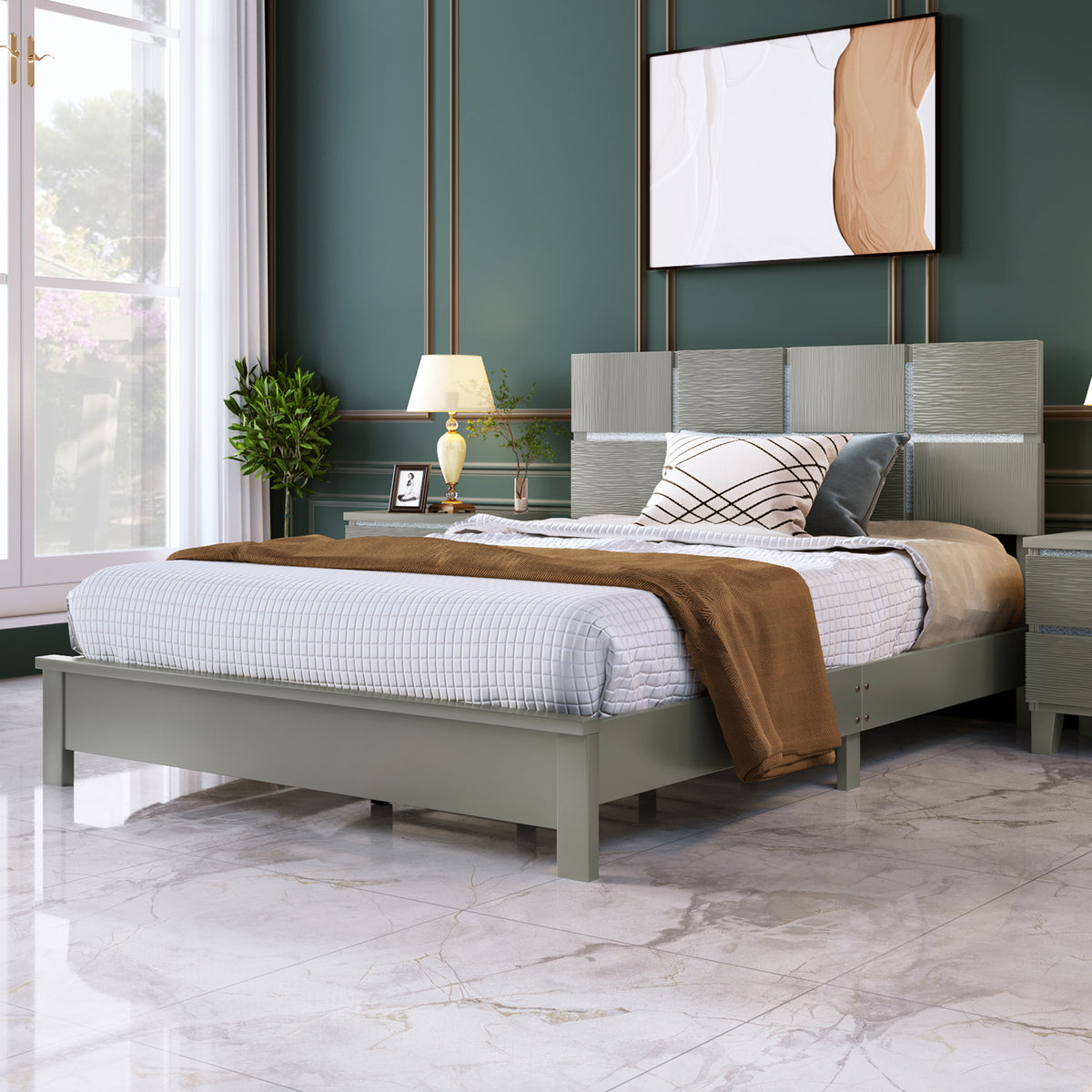 Queen Size Champagne Silver Platform Bed Solid Rubber Wood Frame and Legs - Champagne