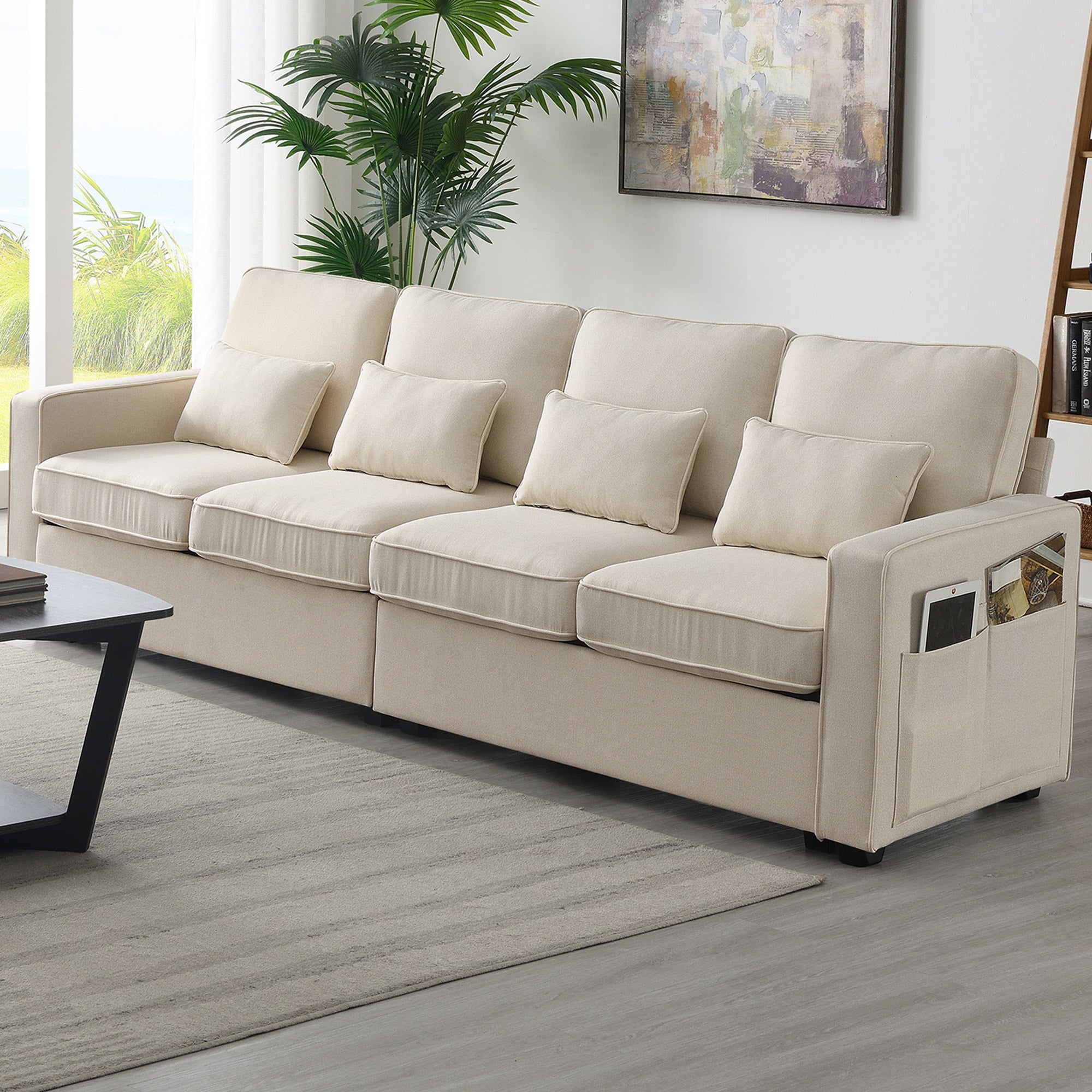 104" 4-Seater Modern Linen Fabric Sofa with Armrest Pockets and 4 Pillows,Minimalist Style Couch - Beige