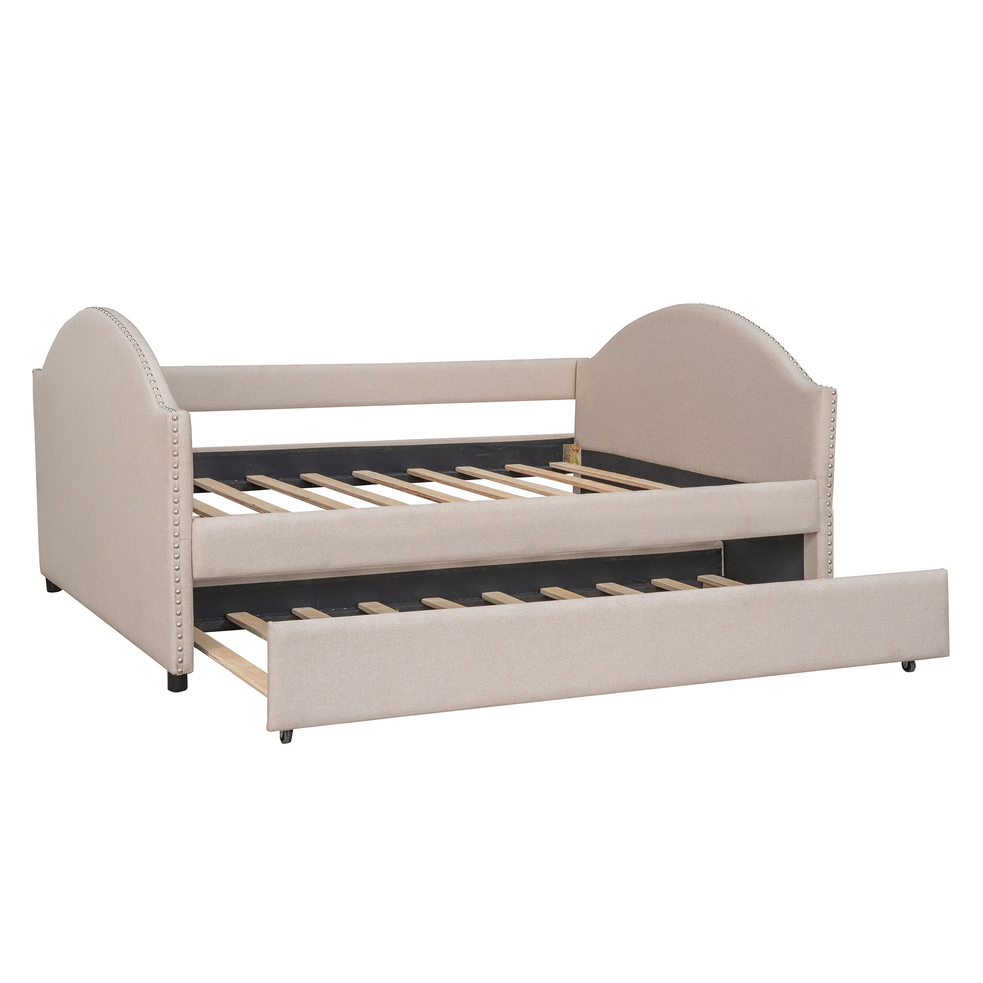 Full Daybed with Twin Size Trundle, Wood Slat Support - Beige