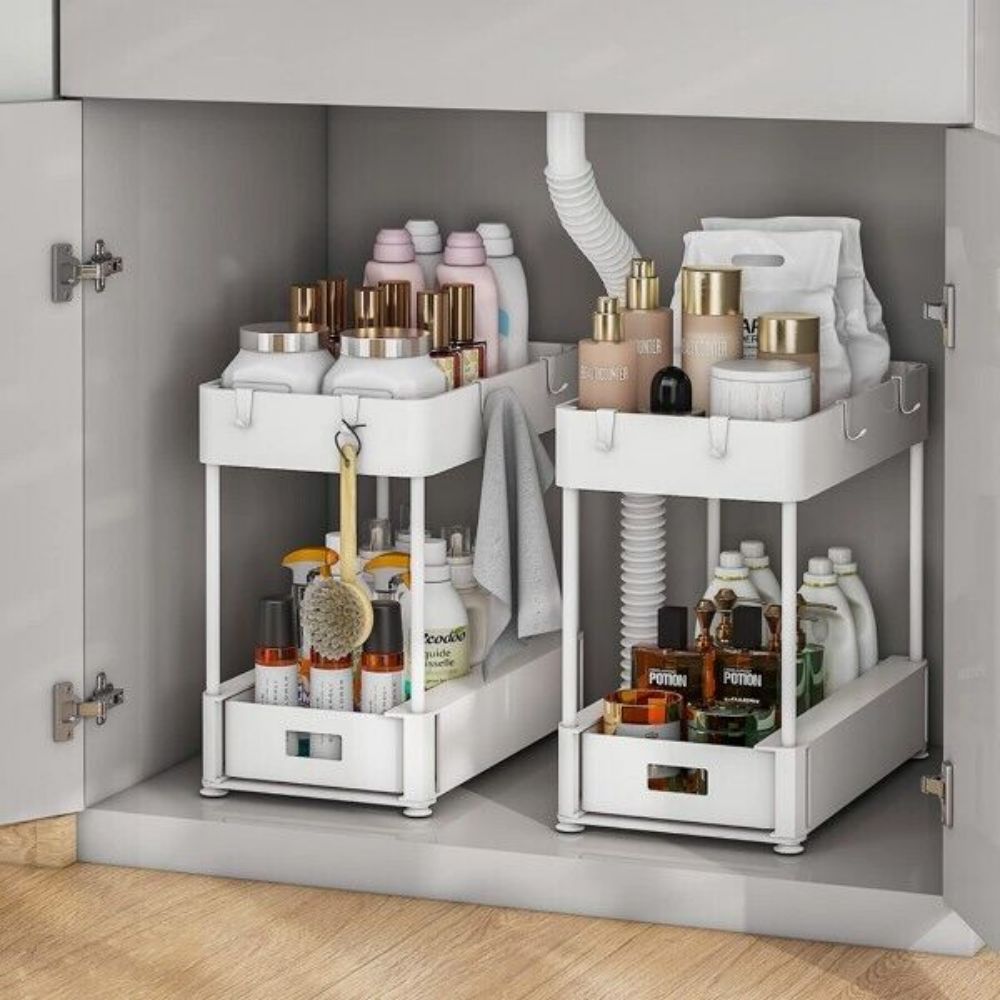 2 Pack Under Sink Organizers and Storage Bathroom Organizer Under Sink, Pull Out Cabinet Organizer for Kitchen Bathroom Sink Storage - White